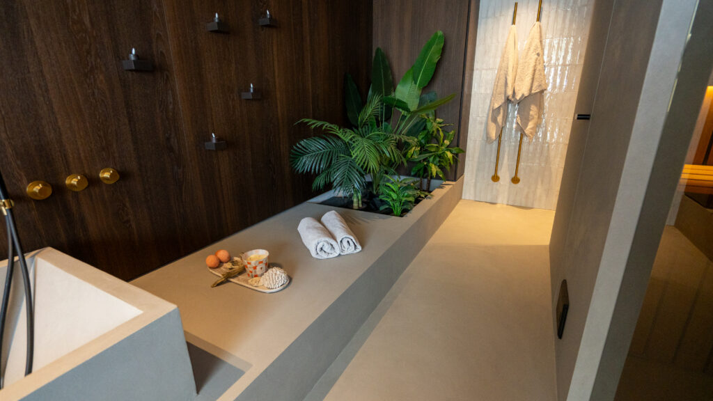 Modern bathroom with plants and towels