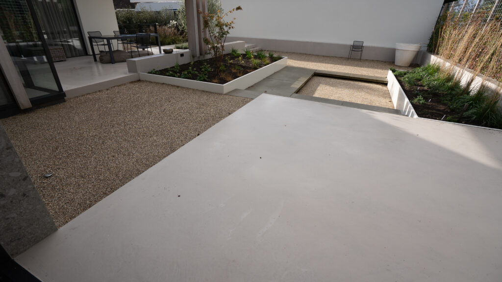 Modern outdoor space with landscaping features.