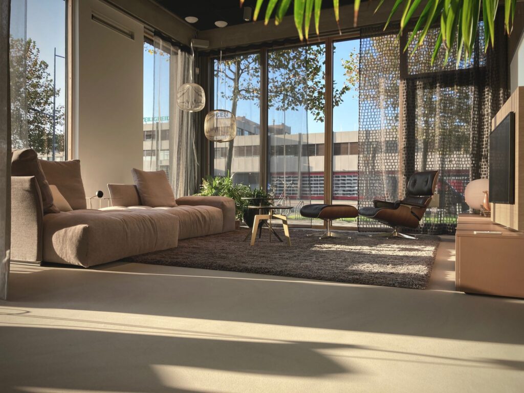 Modern living room with large windows