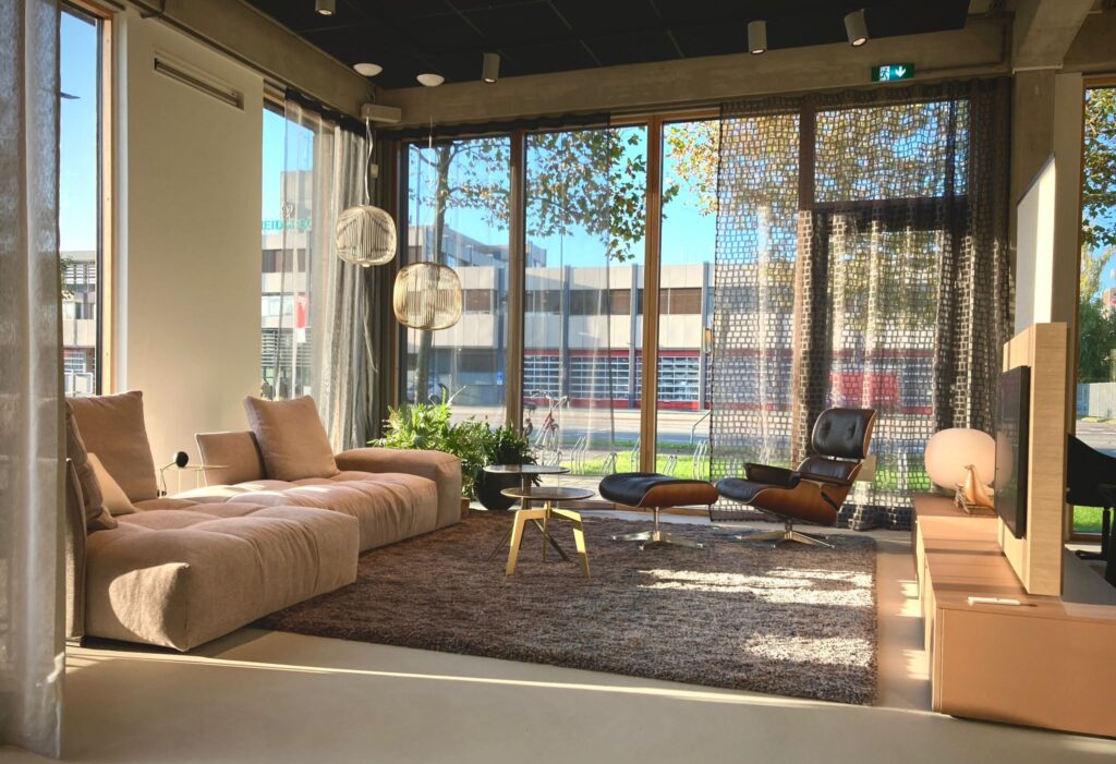 Modern living room with large windows