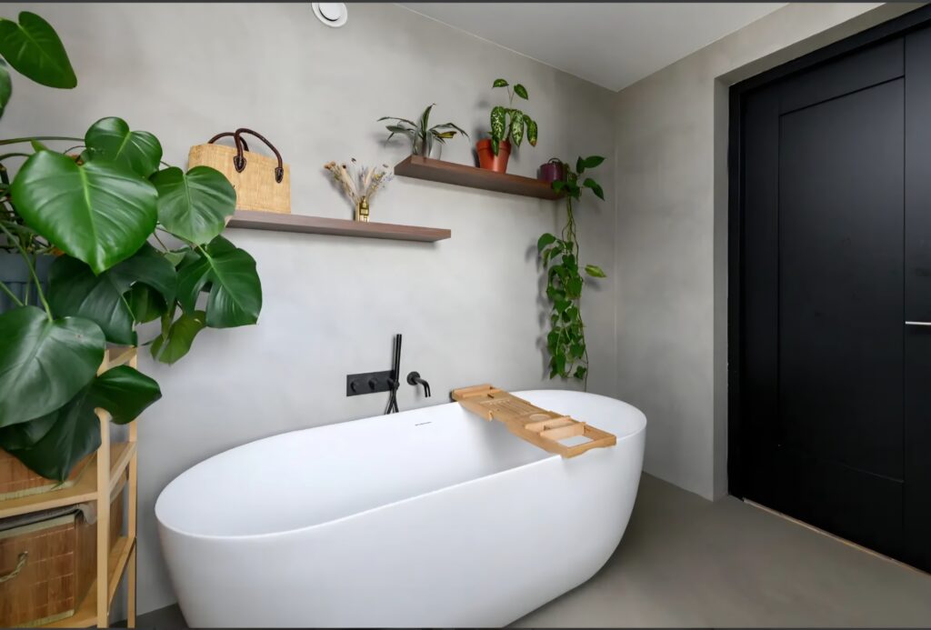 Modern bathroom with plants and tub