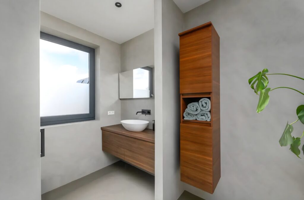 Modern bathroom with minimalist design.