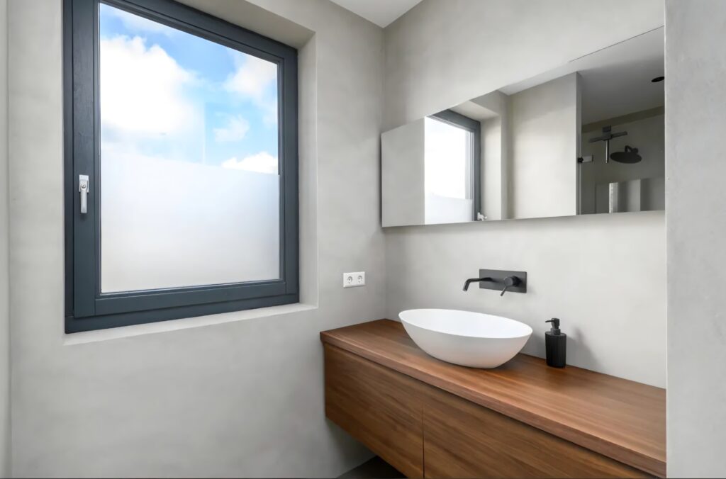 Modern bathroom with minimalist design.