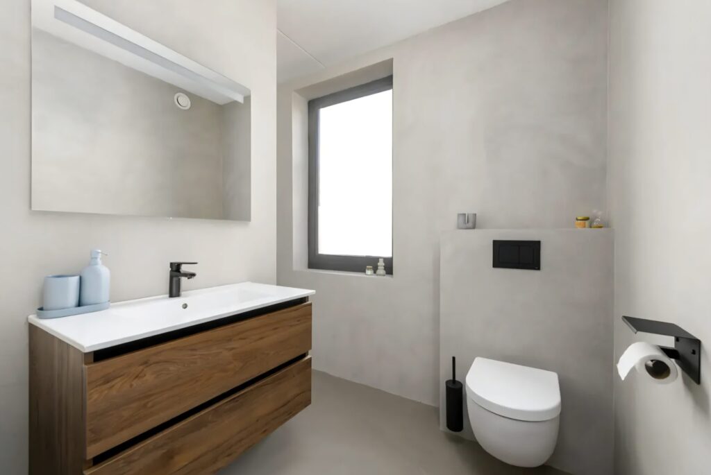 Modern bathroom with minimalist design.